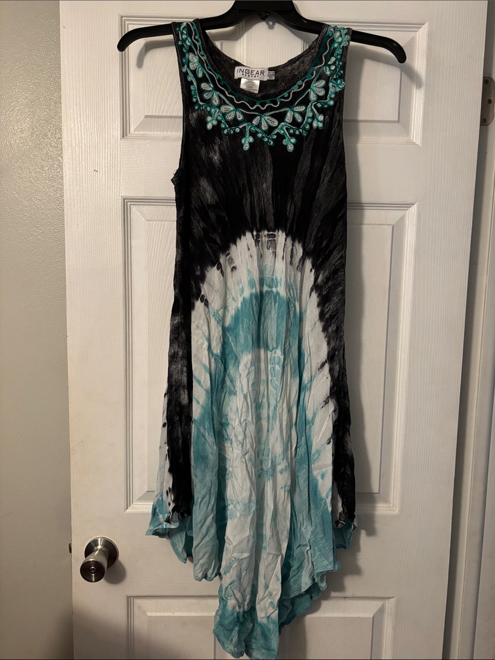 Ingear Black & Teal Tie-Dye Embroidered Sleeveless Dress